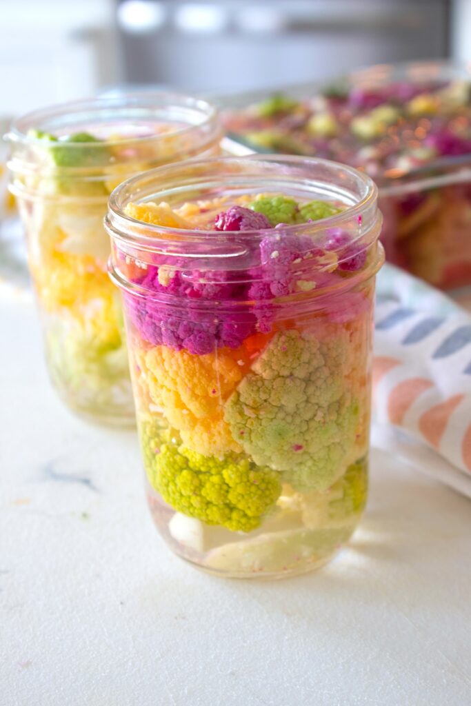quick pickled color cauliflower in a mason jar