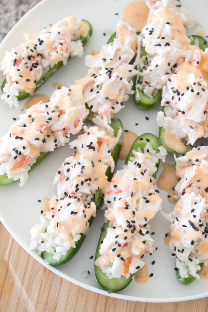 overhead view of cucumber sushi boat