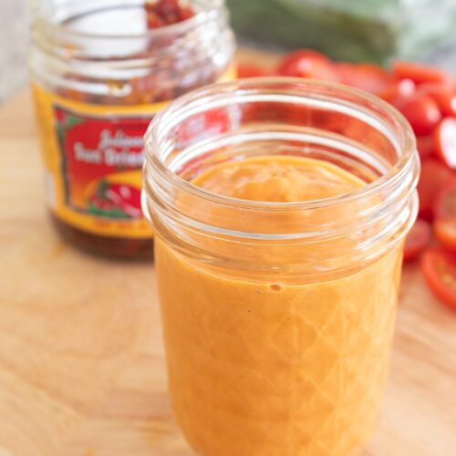 sun-dried tomato dressing in a mason jar
