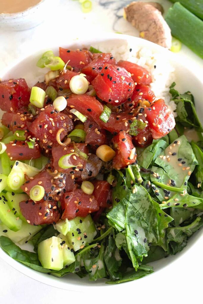 overhead view of an ahi poke bowl