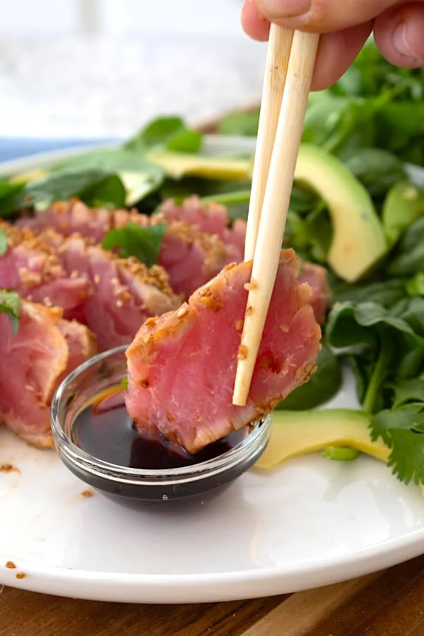 seared ahi with chopsticks