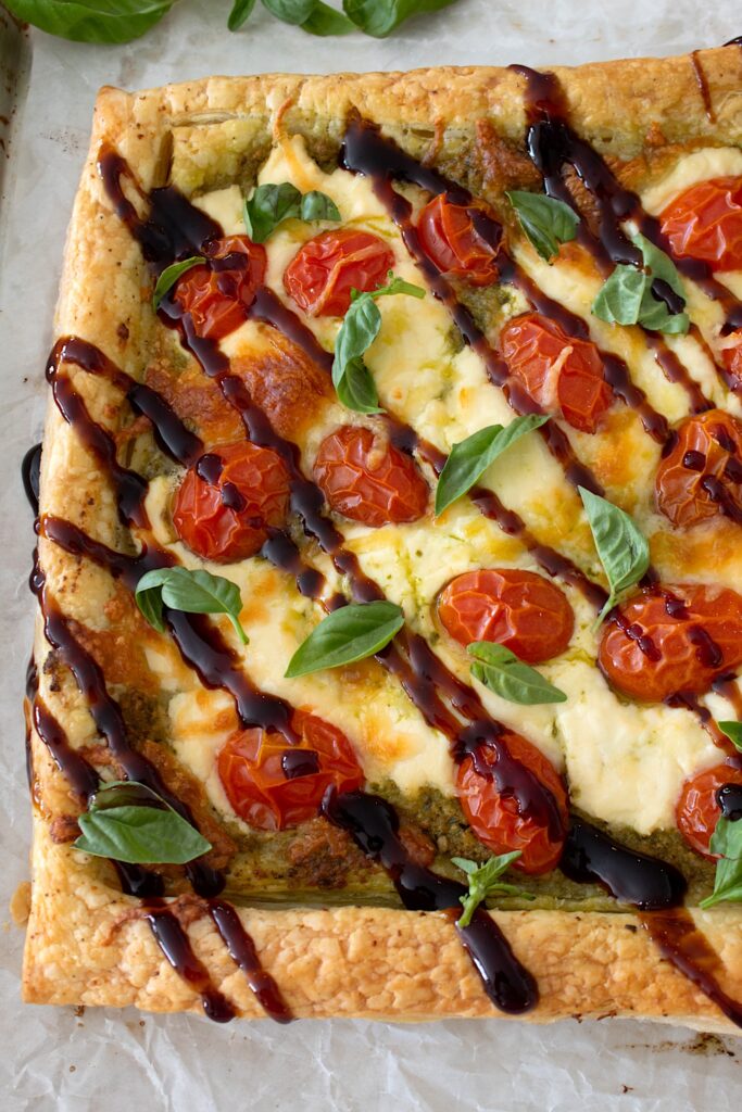 overhead view of puff pastry tart