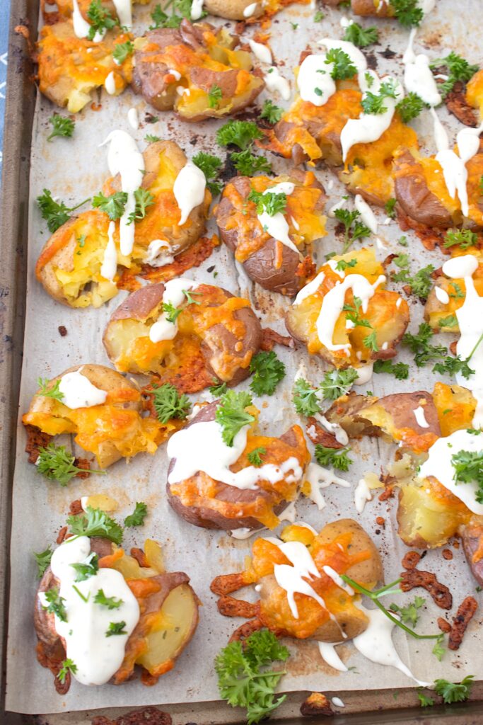 overhead view of ranch smashed potatoes