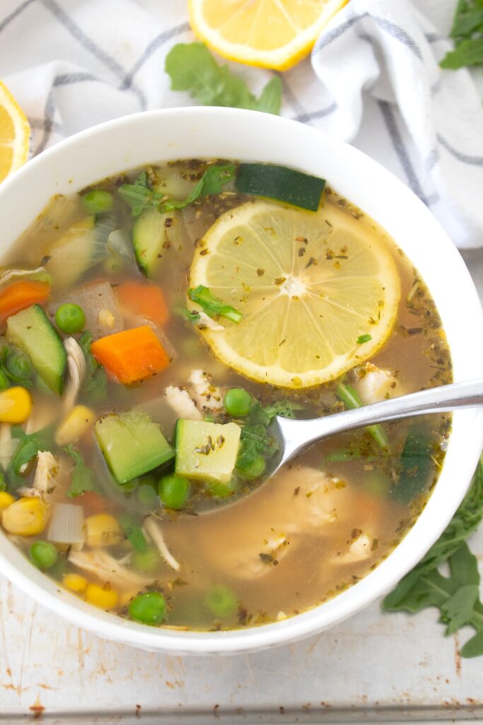 overhead view of minestrone soup