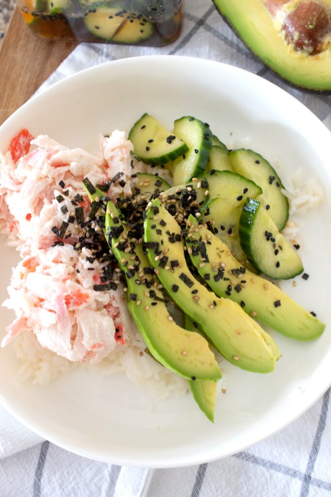 overhead view of sushi bowl