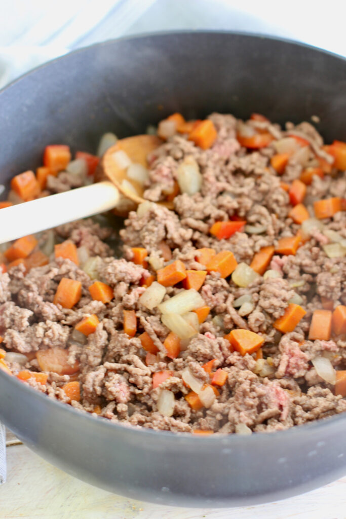 ground beef and vegetables for sloppy joe casserole