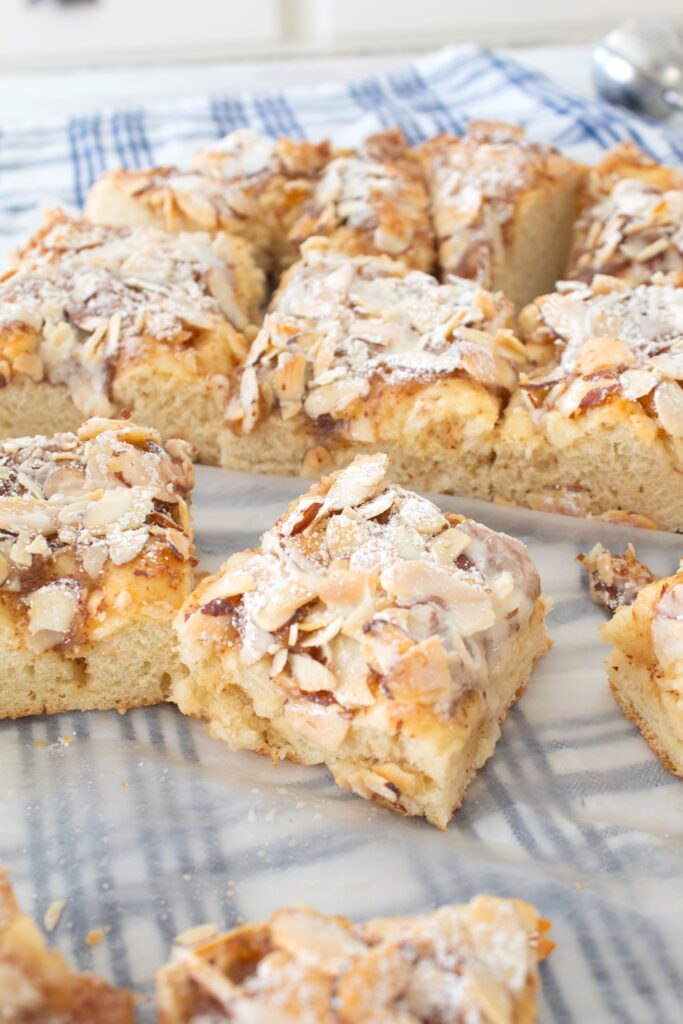 second photo of sliced almond focaccia bread